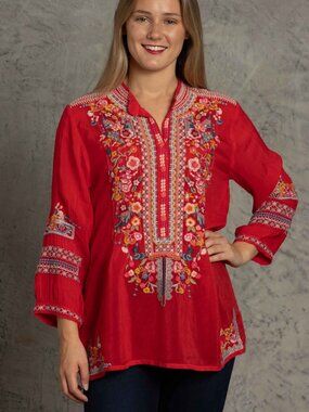 Johnny Was Bethanie Floral Embroidered Tunic Top Boho Festival Red - Small